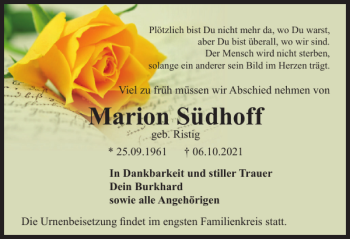 Traueranzeige von Marion Südhoff von Braunschweiger Zeitung
