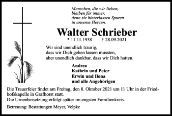 Traueranzeige von Walter Schrieber von Helmstedter Nachrichten