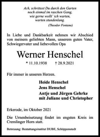 Traueranzeige von Werner Henschel von Wolfenbütteler Zeitung