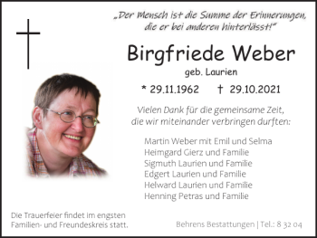 Traueranzeige von Birgfriede Weber von Braunschweiger Zeitung