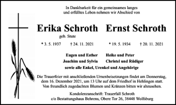 Traueranzeige von Erika Schroth Ernst Schroth von Wolfsburger Nachrichten