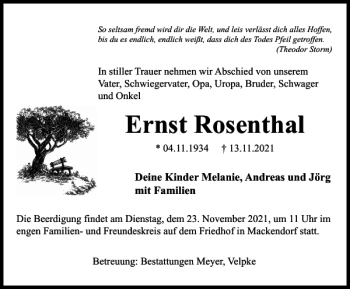 Traueranzeige von Ernst Rosenthal von Helmstedter Nachrichten