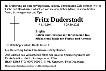 Traueranzeige von Fritz Duderstadt von Wolfenbütteler Zeitung
