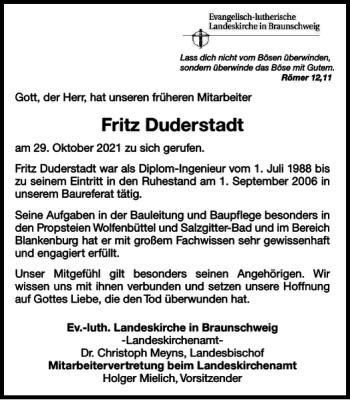Traueranzeige von Fritz Duderstadt von Wolfenbütteler Zeitung