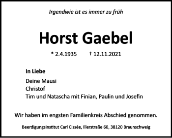 Traueranzeige von Horst Gaebel von Braunschweiger Zeitung