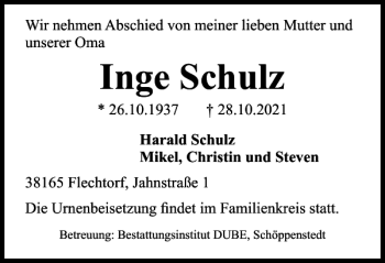 Traueranzeige von Inge Schulz von Braunschweiger Zeitung