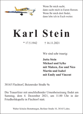 Traueranzeige von Karl Stein von Helmstedter Nachrichten