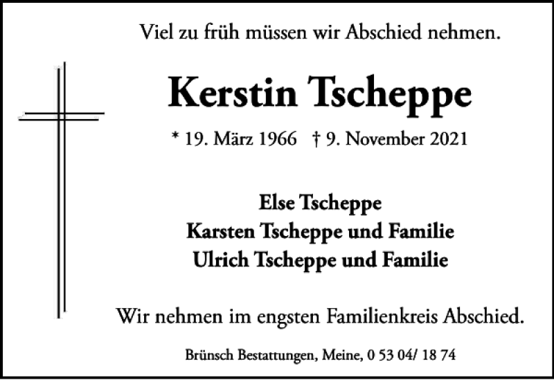 Traueranzeige für Kerstin Tscheppe vom 12.11.2021 aus Braunschweiger Zeitung