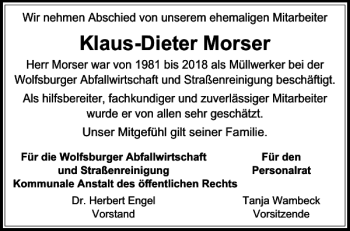 Traueranzeige von Klaus-Dieter Morser von Wolfsburger Nachrichten
