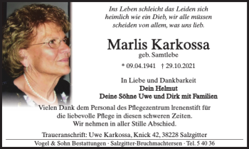 Traueranzeige von Marlis Karkossa von Salzgitter Zeitung