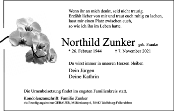 Traueranzeige von Northild Zunker von Wolfsburger Nachrichten