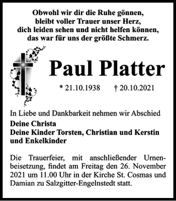 Traueranzeige von Paul Platter von Salzgitter Zeitung