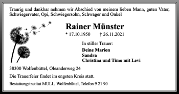 Traueranzeige von Rainer Münster von Wolfenbütteler Zeitung