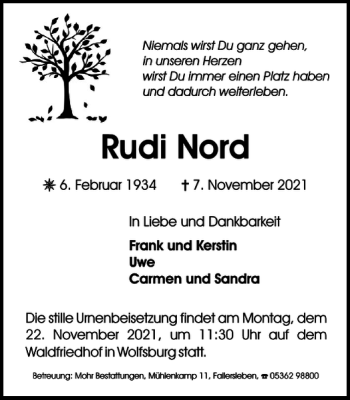 Traueranzeige von Rudi Nord von Wolfsburger Nachrichten
