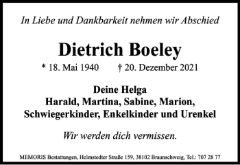 Traueranzeige von Dietrich Boeley von Braunschweiger Zeitung