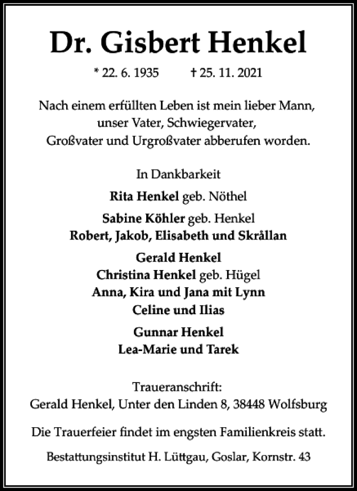  Traueranzeige für Dr. Gisbert Henkel vom 04.12.2021 aus Wolfsburger Nachrichten