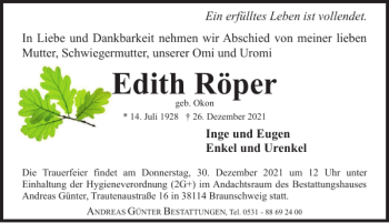 Traueranzeige von Edith Röper von Braunschweiger Zeitung