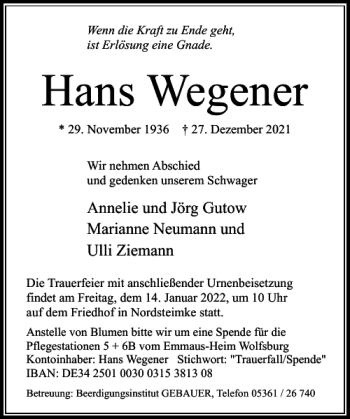 Traueranzeige von Hans Wegener von Wolfsburger Nachrichten