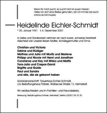 Traueranzeige von Heidelinde Eichler-Schmidt von Helmstedter Nachrichten