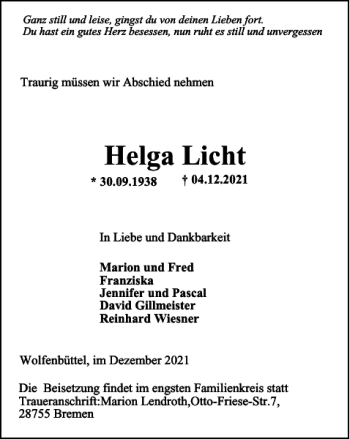 Traueranzeige von Helga Licht von Wolfenbütteler Zeitung