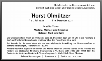 Traueranzeige von Horst Olmützer von Braunschweiger Zeitung
