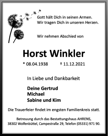 Traueranzeige von Horst Winkler von Wolfenbütteler Zeitung