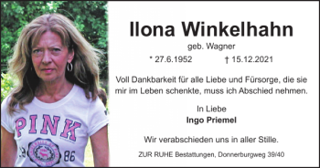 Traueranzeige von Ilona Winkelhahn von Braunschweiger Zeitung