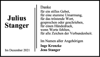 Traueranzeige von Julius Stanger von Wolfsburger Nachrichten