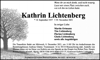Traueranzeige von Kathrin Lichtenberg von Braunschweiger Zeitung
