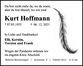Traueranzeige von Kurt Hoffmann von Braunschweiger Zeitung