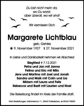 Traueranzeige von Margarete Lichtblau von Wolfsburger Nachrichten