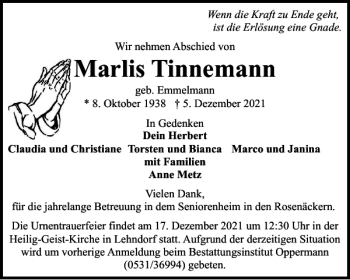Traueranzeige von Marlis Tinnemann von Salzgitter Zeitung