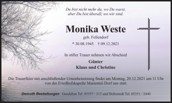 Traueranzeige von Monika Weste von Helmstedter Nachrichten