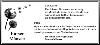 Traueranzeige von Rainer Münster von Wolfenbütteler Zeitung