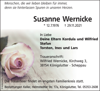 Traueranzeige von Susanne Wernicke von Helmstedter Nachrichten