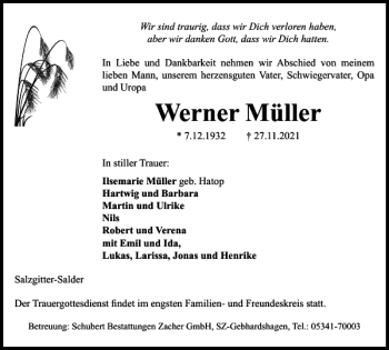 Traueranzeige von Werner Müller von Salzgitter Zeitung