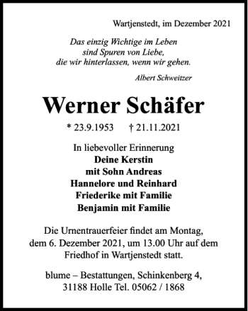 Traueranzeige von Werner Schäfer von Salzgitter Zeitung