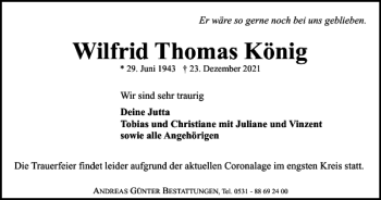 Traueranzeige von Wilfrid Thomas König von Braunschweiger Zeitung