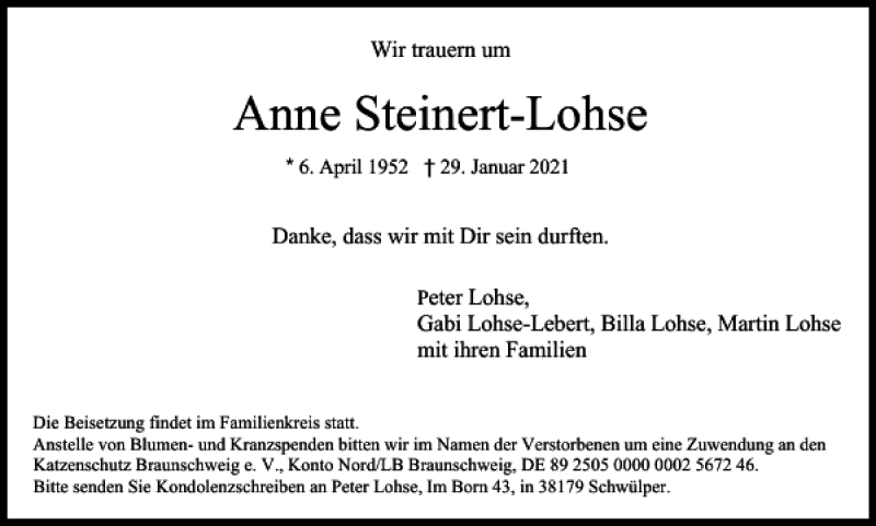  Traueranzeige für Anne Steinert-Lohse vom 05.02.2021 aus Braunschweiger Zeitung