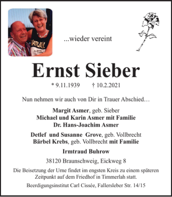 Traueranzeige von Ernst Sieber von Braunschweiger Zeitung