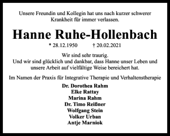 Traueranzeige von Hanne Ruhe-Hollenbach von Braunschweiger Zeitung