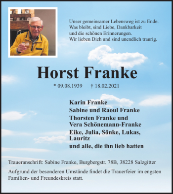 Traueranzeige von Horst Franke von Salzgitter Zeitung