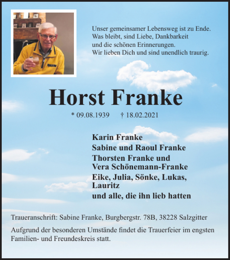  Traueranzeige für Horst Franke vom 23.02.2021 aus Salzgitter Zeitung