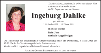 Traueranzeige von Ingeburg Dahlke von Braunschweiger Zeitung