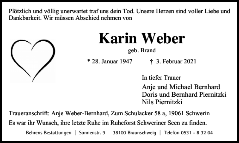  Traueranzeige für Karin Weber vom 20.02.2021 aus Braunschweiger Zeitung