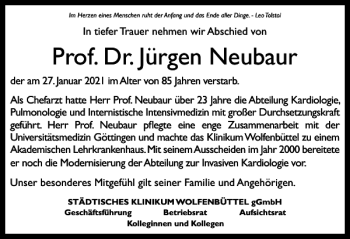 Traueranzeige von Prof. Dr. Jürgen Neubaur von Wolfenbütteler Zeitung
