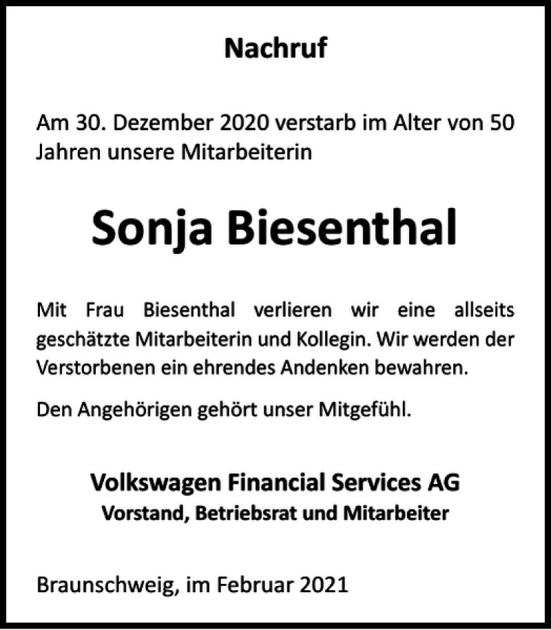  Traueranzeige für Sonja Biesenthal vom 01.02.2021 aus Wolfsburger Nachrichten