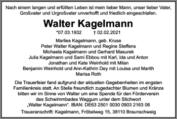 Traueranzeige von Walter Kagelmann von Helmstedter Nachrichten