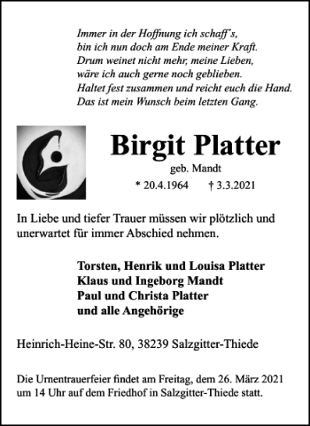 Traueranzeige von Birgit Platter von Salzgitter Zeitung
