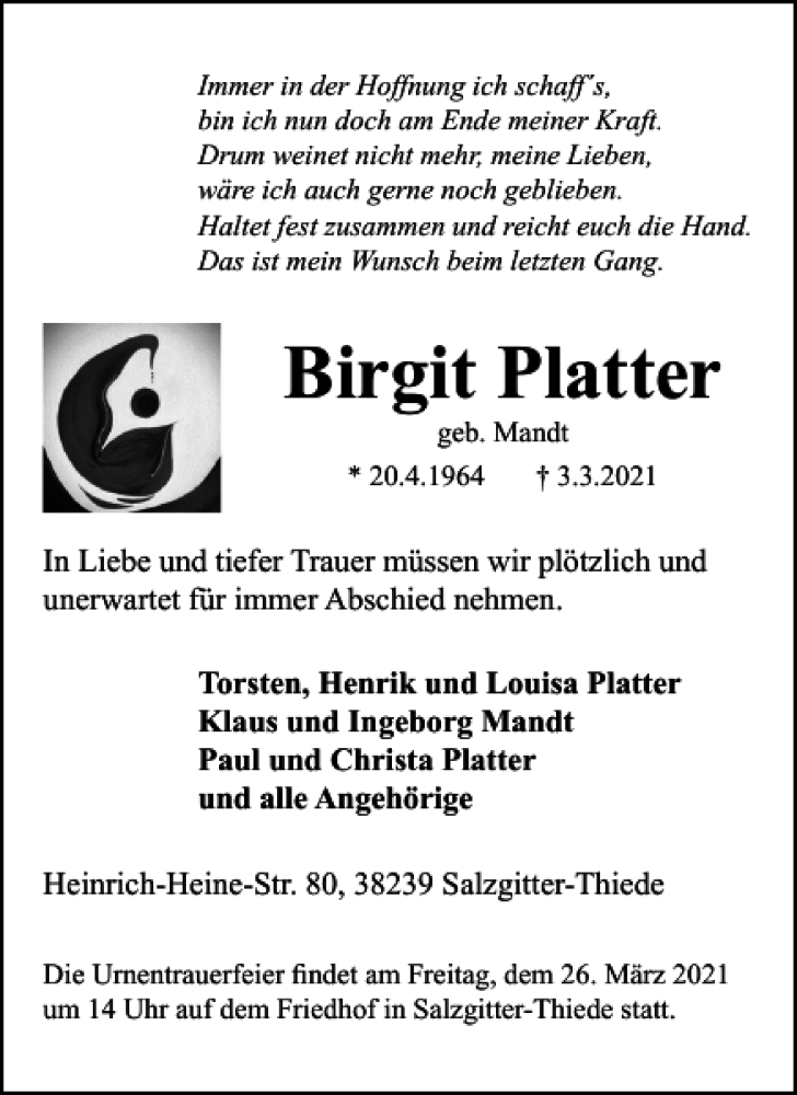  Traueranzeige für Birgit Platter vom 20.03.2021 aus Salzgitter Zeitung